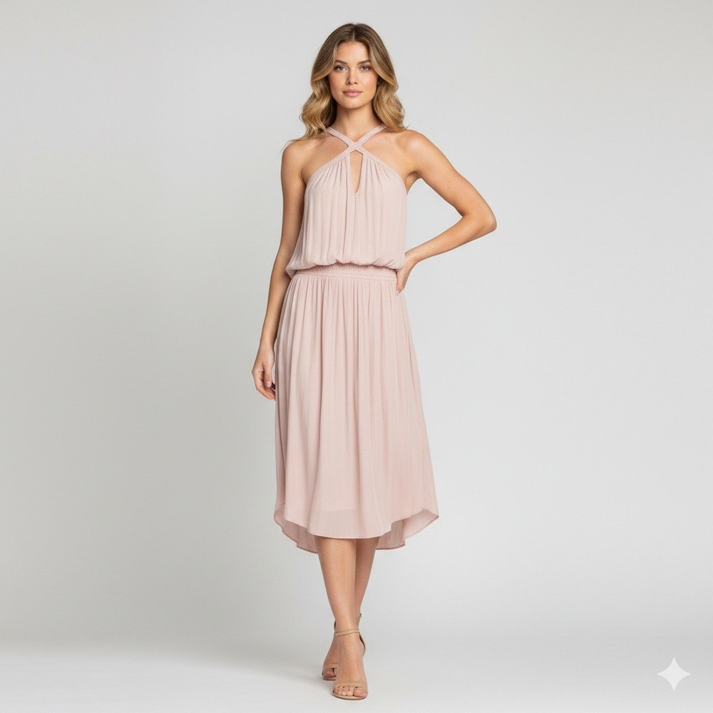 NWT Ramy Brook Caroline Dress Blush Pink‎ Halter Braided High Low Chiffon